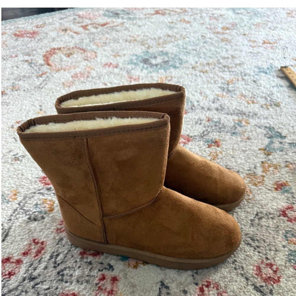 Womens Chestnut Brown Faux Suede Mid Calf Winter Boots Faux Fur Lined Size 9.5
